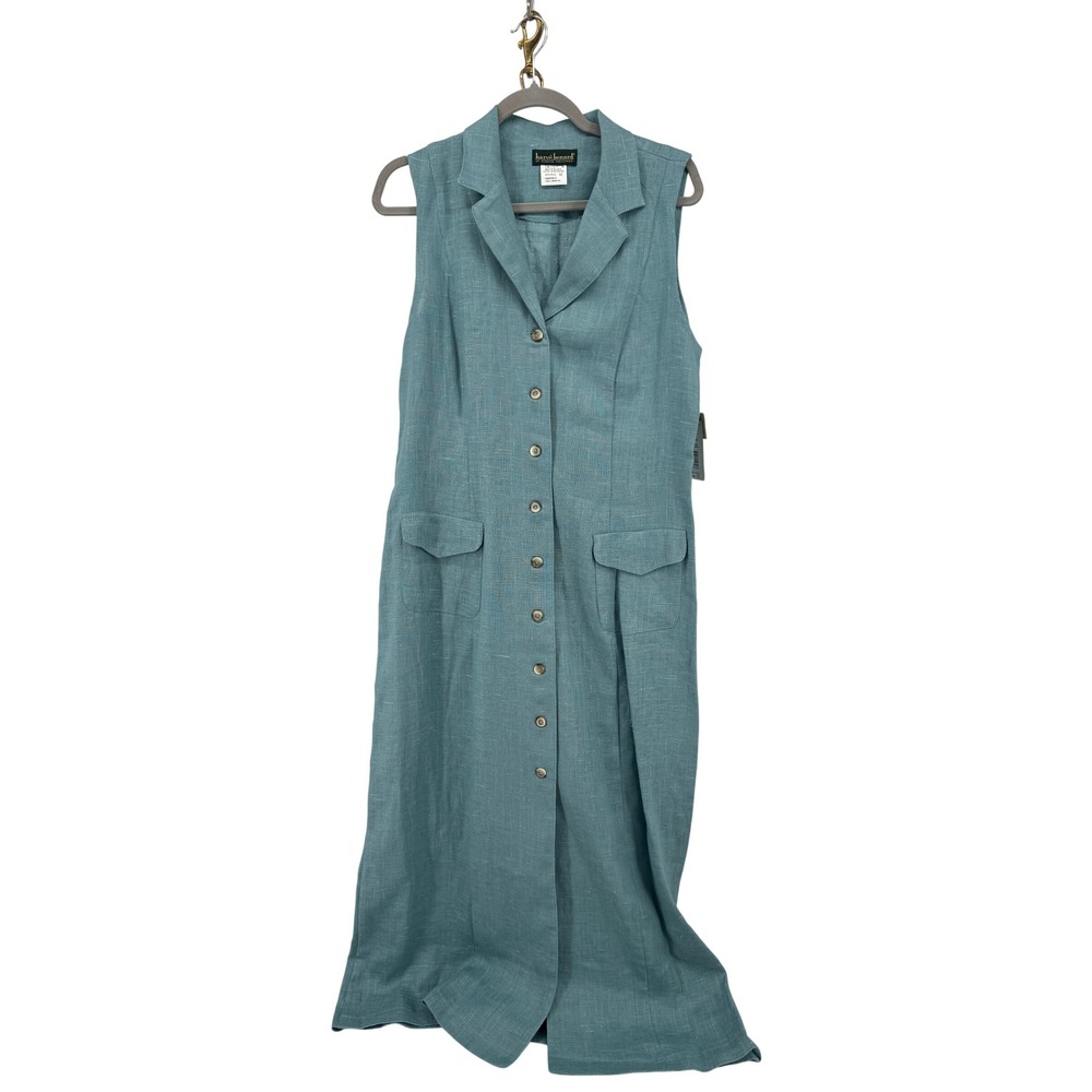 Harve Benard Sleeveless Maxi Dress Womens 12 Teal 100% Linen Button Front NWT